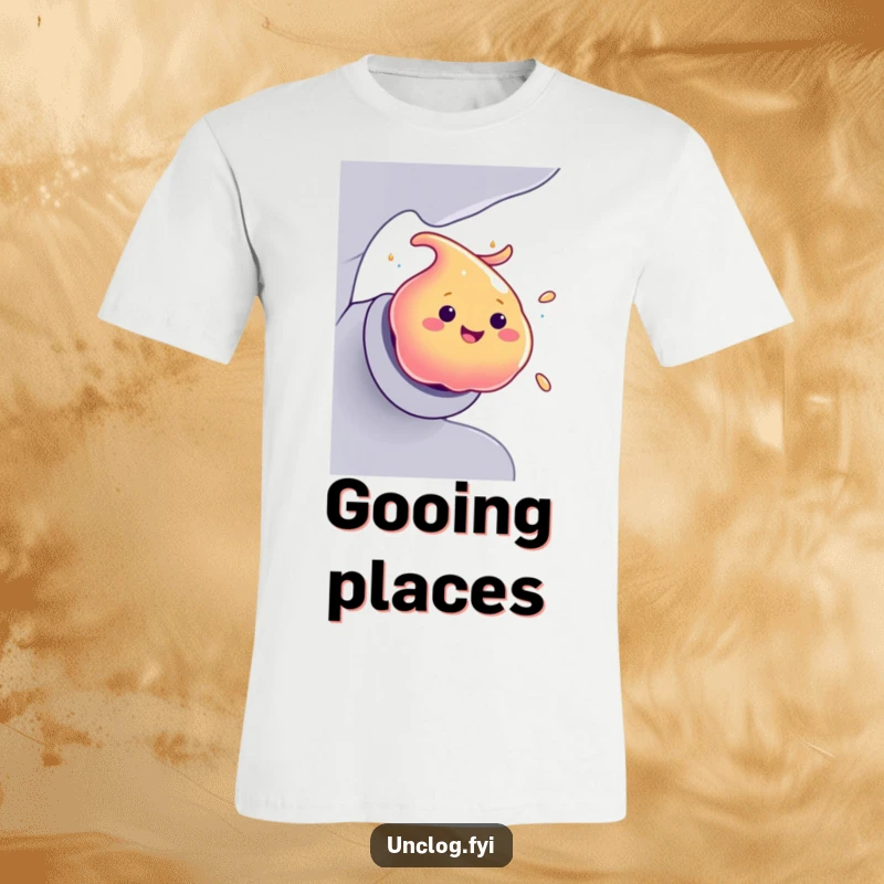 Funny T-Shirt depicting a smiling blob of vibrant goo making a swift, humorous exit from a pipe.