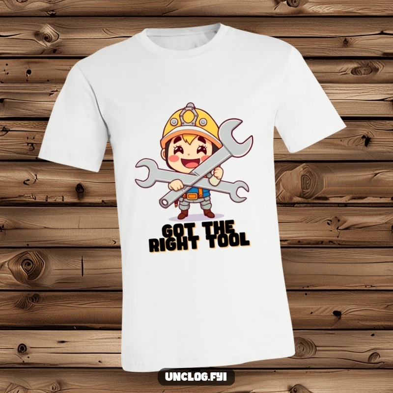 Funny cute character gleefully holding a giant wrench with a proud smile on a comfortable t-shirt.