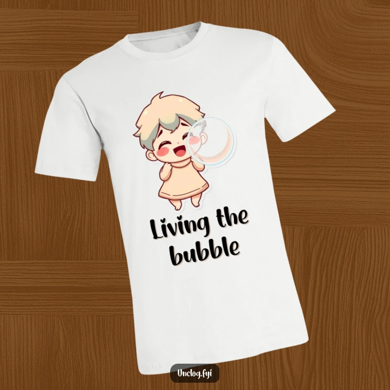 Funny T-Shirt with a character smiling wide while blowing a large, triumphant bubble, radiating happiness and playful wonder.