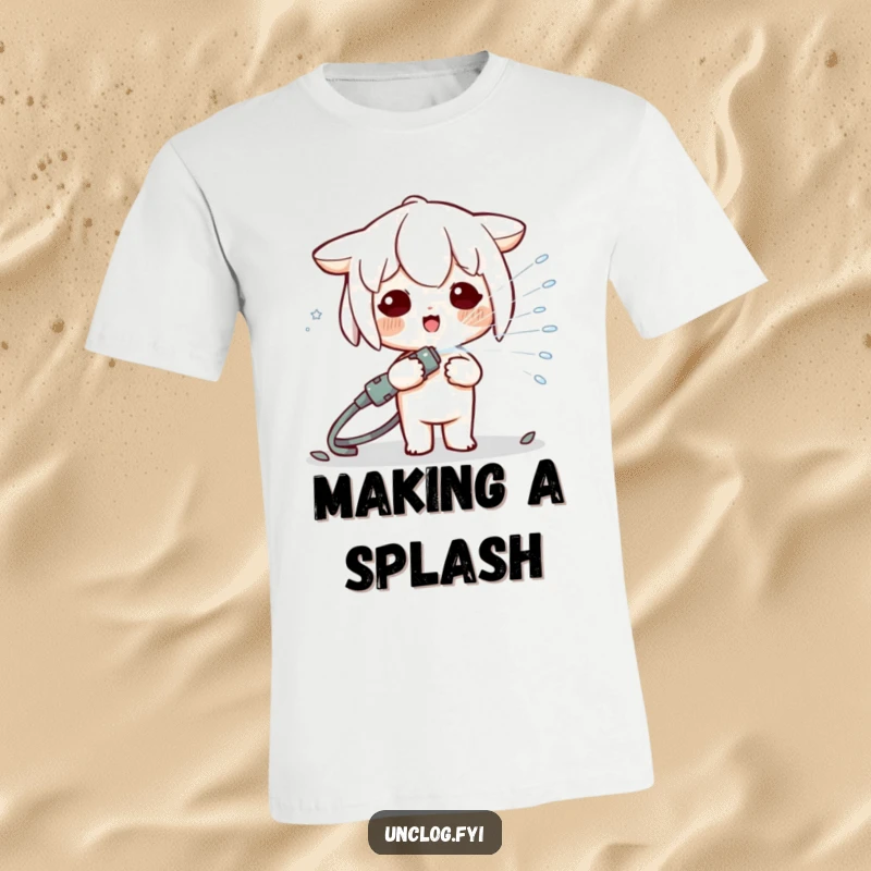 Funny Kawaii character having a blast spraying a hose, depicted on a soft t-shirt for a whimsical and humorous look.