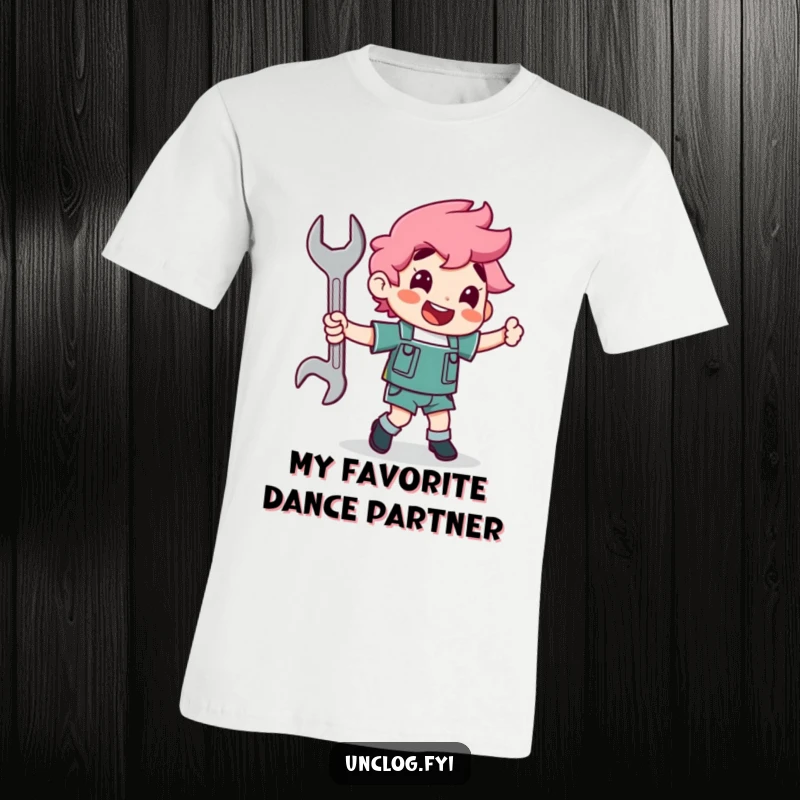 Funny character joyfully dancing with a wrench as a partner on a t-shirt, celebrating mechanics and the art of repair.