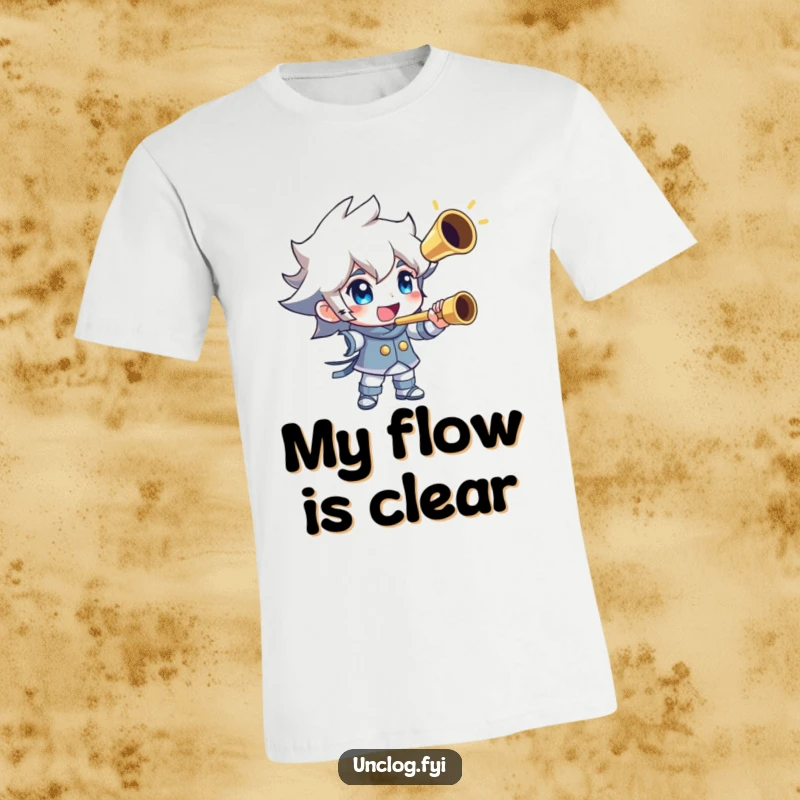 Funny t-shirt showing a character proudly holding a gleaming, completely unclogged pipe. Highlights plumbing success and relief.