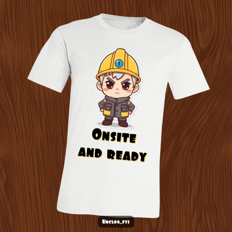 Funny t-shirt depicting a character in a small hard hat, exuding determination and readiness for tasks.