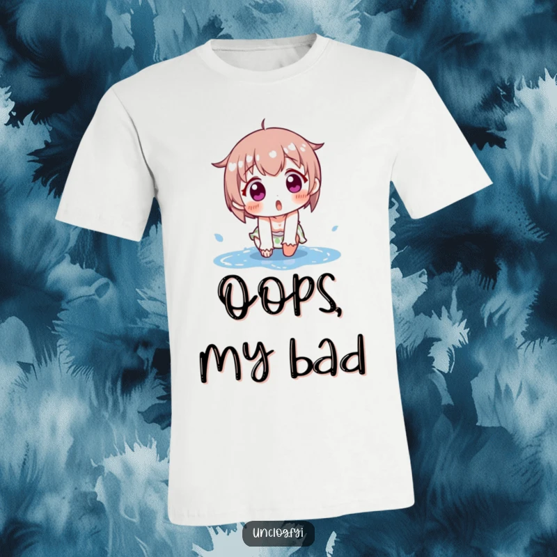 Funny t-shirt design of a character comically slipping on a puddle, face contorted in surprised amusement. Great for a laugh.