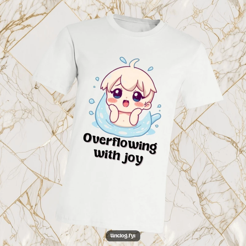 Funny t-shirt showing a character with a surprised smile reacting to overflowing water, capturing a moment of comical chaos.