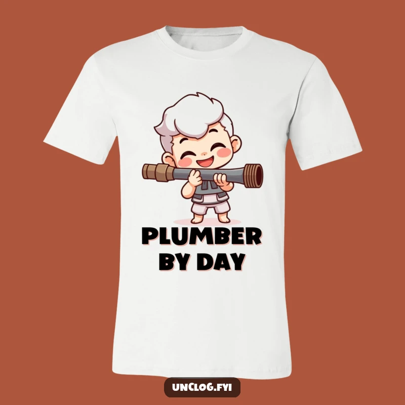 Funny Determined Plumber T-Shirt: Happy Character Fixing Pipe with Pure Joy, Great Funny Gift