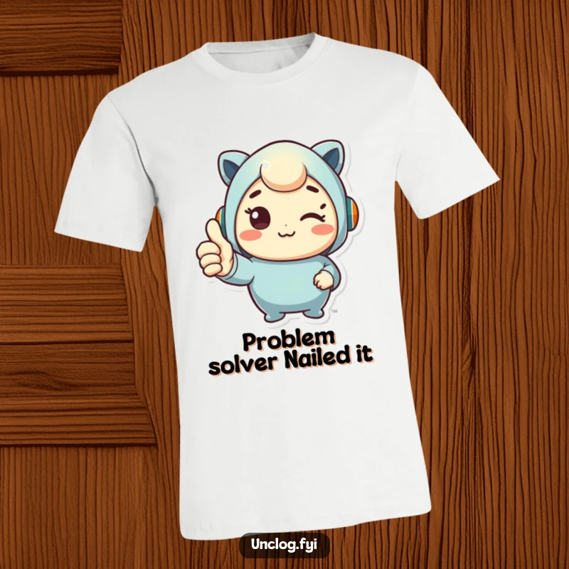 Funny t-shirt showcasing a cute character proudly giving a thumbs up after completing a repair or task successfully.