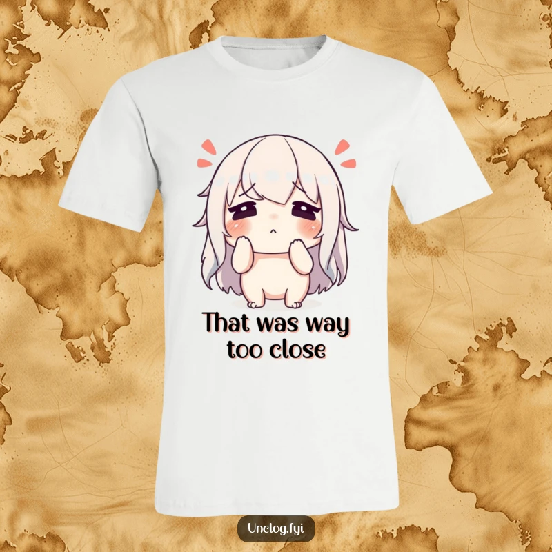 Funny character wiping sweat from its brow with a relieved sigh on a t-shirt, signifying triumph over difficulty.