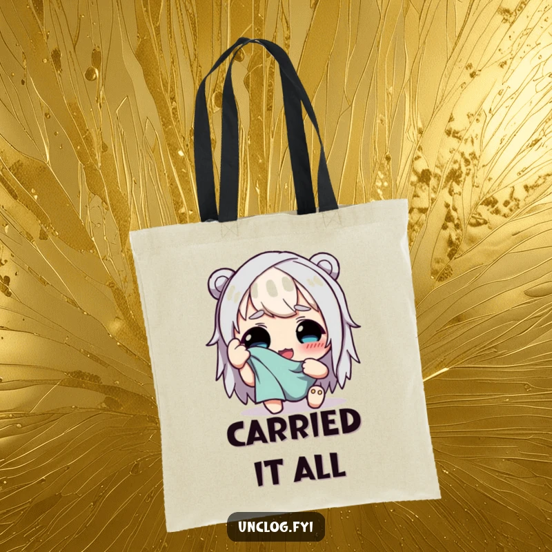 Funny tote bag illustrating a character happily wiping sweat from their brow with a rag, embodying relief and accomplishment after hard work.