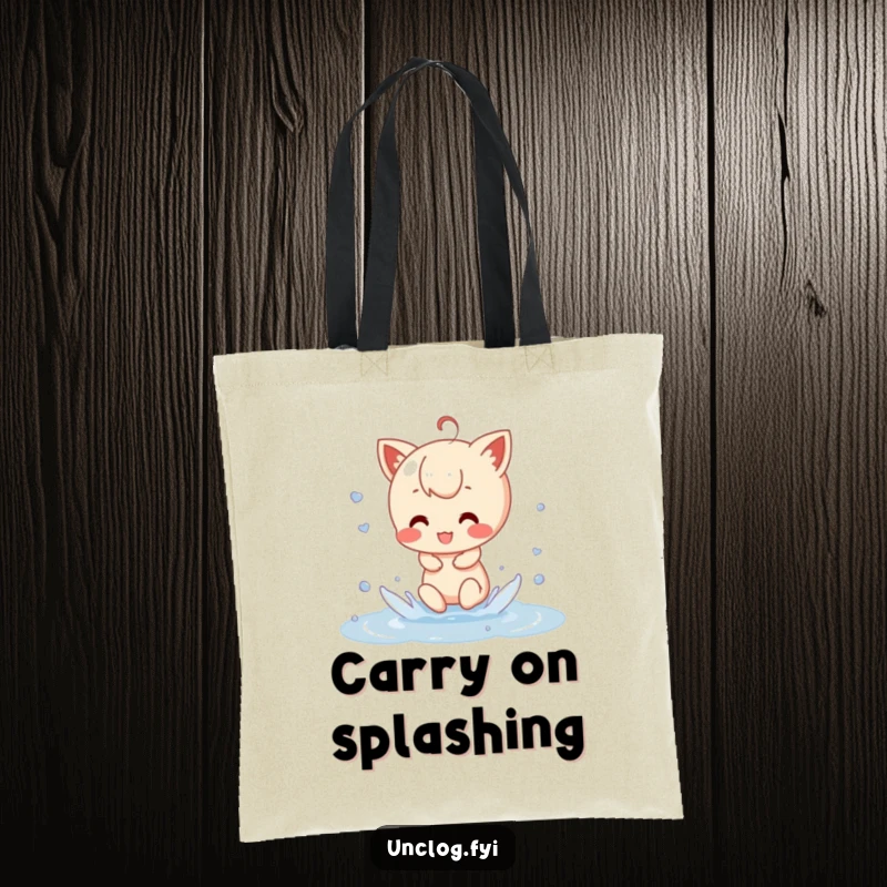 Funny Tote Bag featuring a cute character joyfully splashing in a puddle, ready to carry your items and a whole lot of fun.
