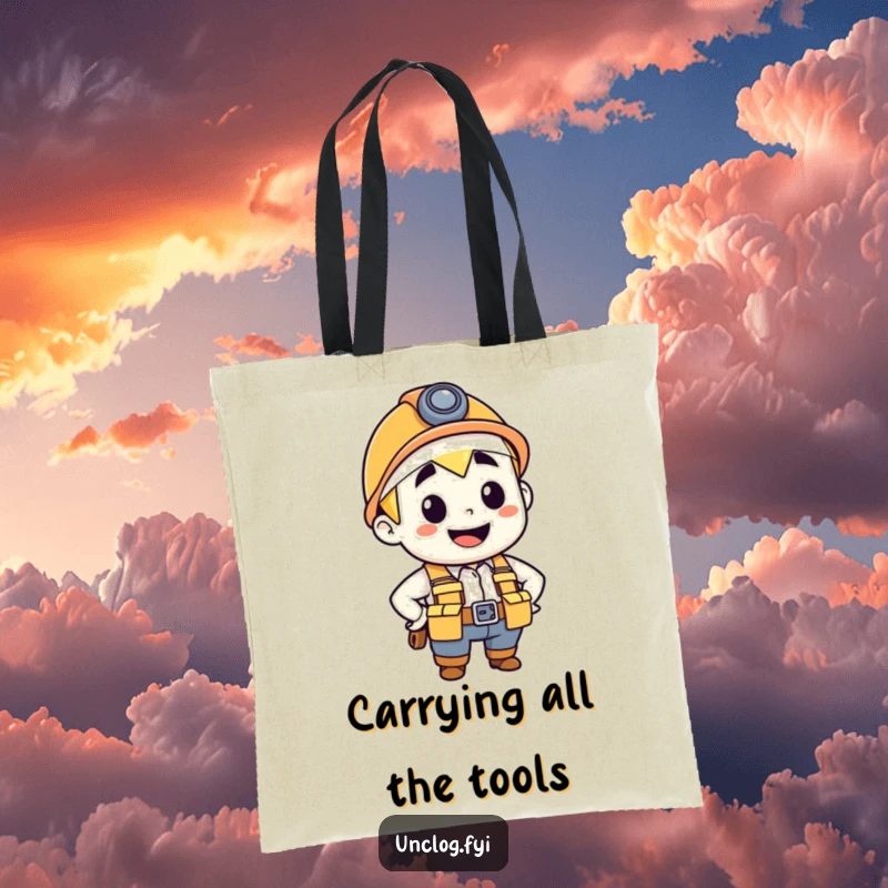Funny tote bag showcasing a confident, smiling plumber character in a tool belt, perfect for carrying essentials.