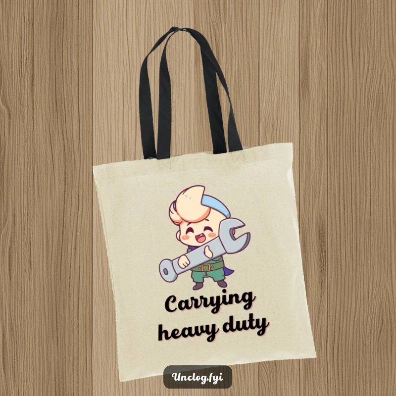Funny tote bag with a character happily tightening a large bolt with a wrench, looking content.