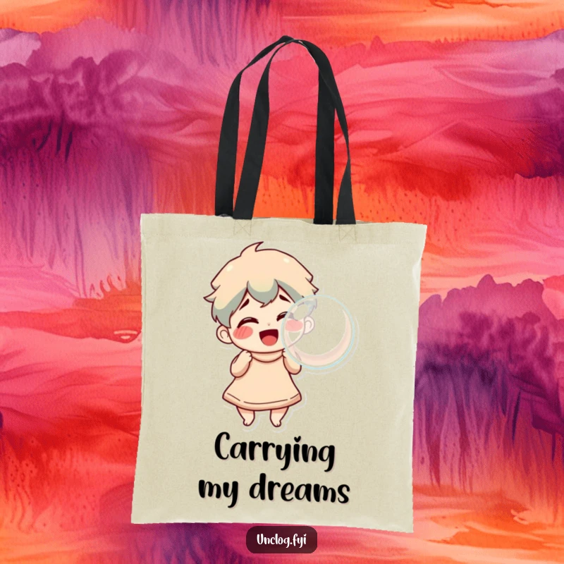 Funny Tote Bag showcasing a character blowing a large, triumphant bubble, perfect for carrying essentials with a cheerful attitude.