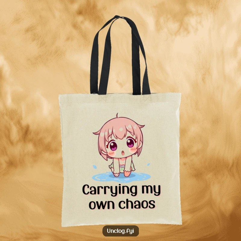 Funny tote bag illustrating a character comically slipping on a puddle with a shocked expression. Ideal for carrying essentials and smiles.