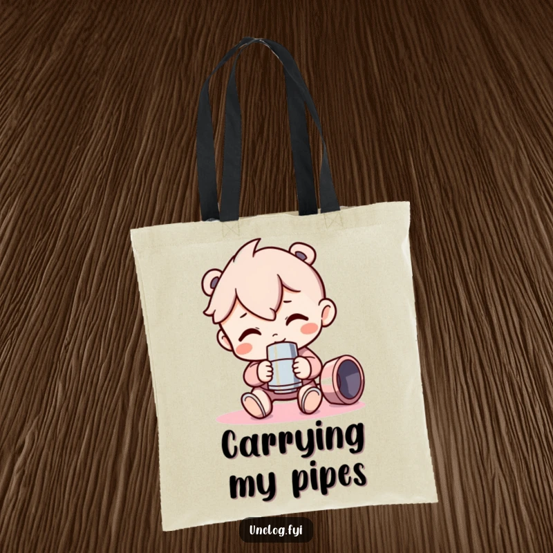 Funny Tote Bag featuring a character proudly holding a shiny pipe fitting, ready to carry your essentials and a love for mechanical components.