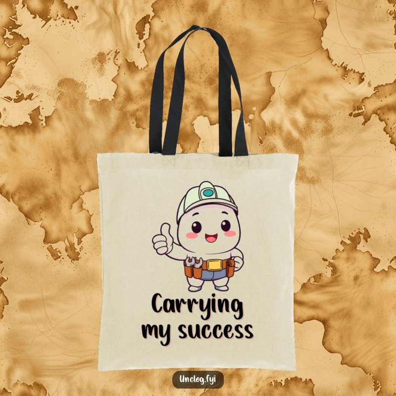 Funny Tote Bag featuring a kawaii character giving a happy thumbs up with a tool belt, a cute and encouraging accessory.