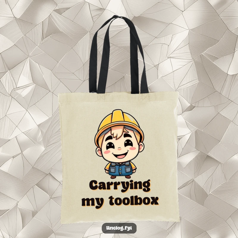 Funny tote bag showing a character with a cheeky grin, wearing a hard hat backwards. Great for carrying essentials and a dose of attitude.