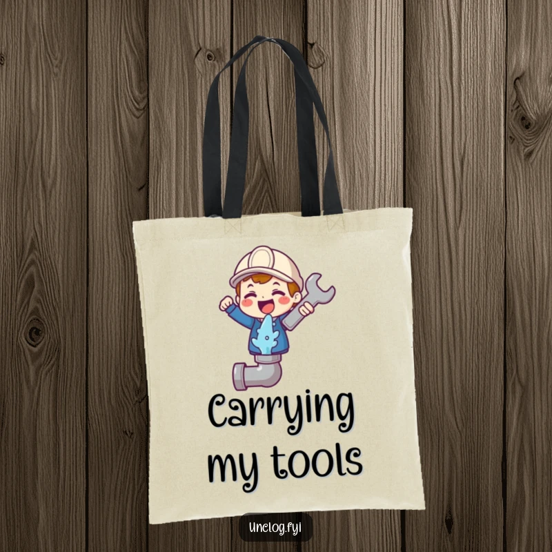 Funny tote bag featuring a cute character joyfully holding a wrench over a gushing pipe icon, great for carrying tools.