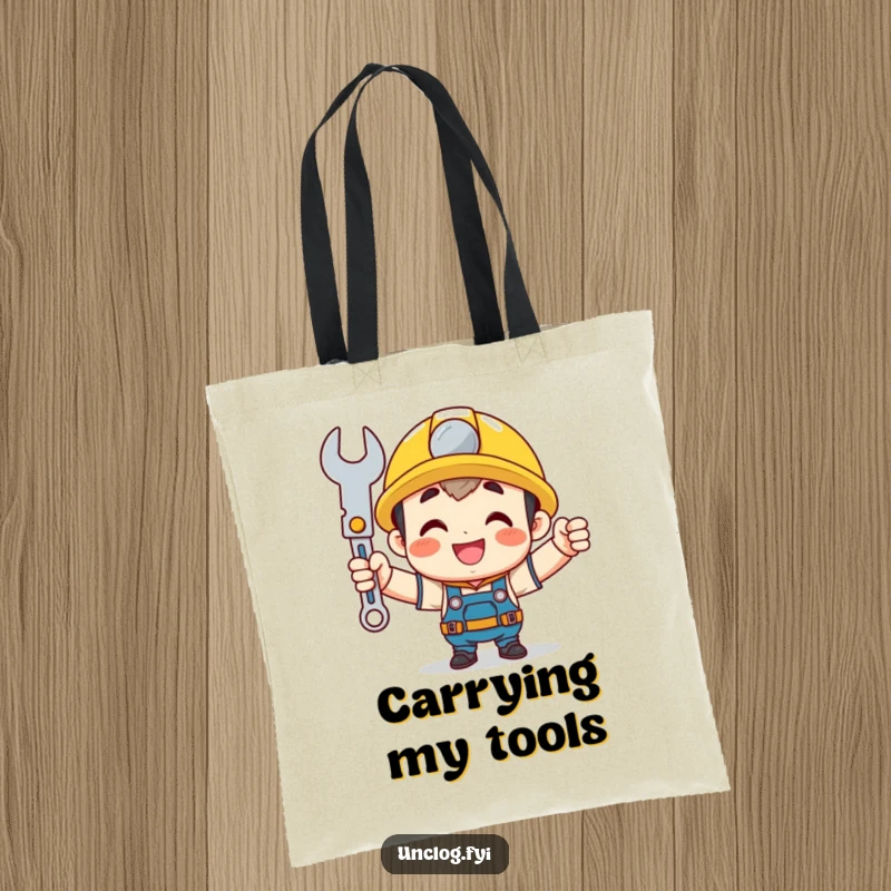 Funny mechanic tote bag with a cute character holding a shining wrench proudly, perfect for carrying tools with DIY humor.