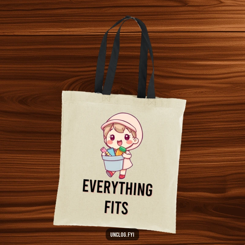 Funny Tote Bag featuring a kawaii character happily carrying a bucket of supplies, a cute and helpful accessory.