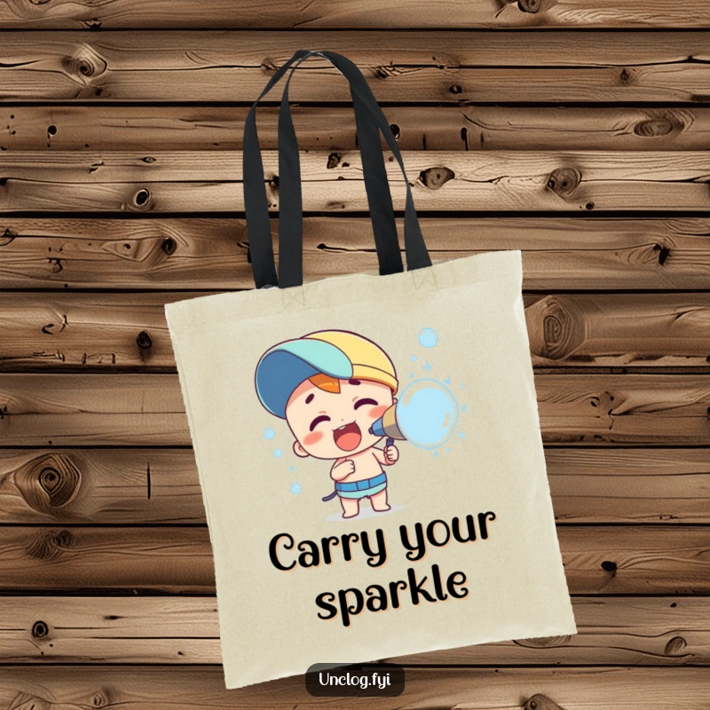 Funny tote bag depicting a character enthusiastically spraying a multitude of colorful bubbles. Great for carrying essentials and smiles.