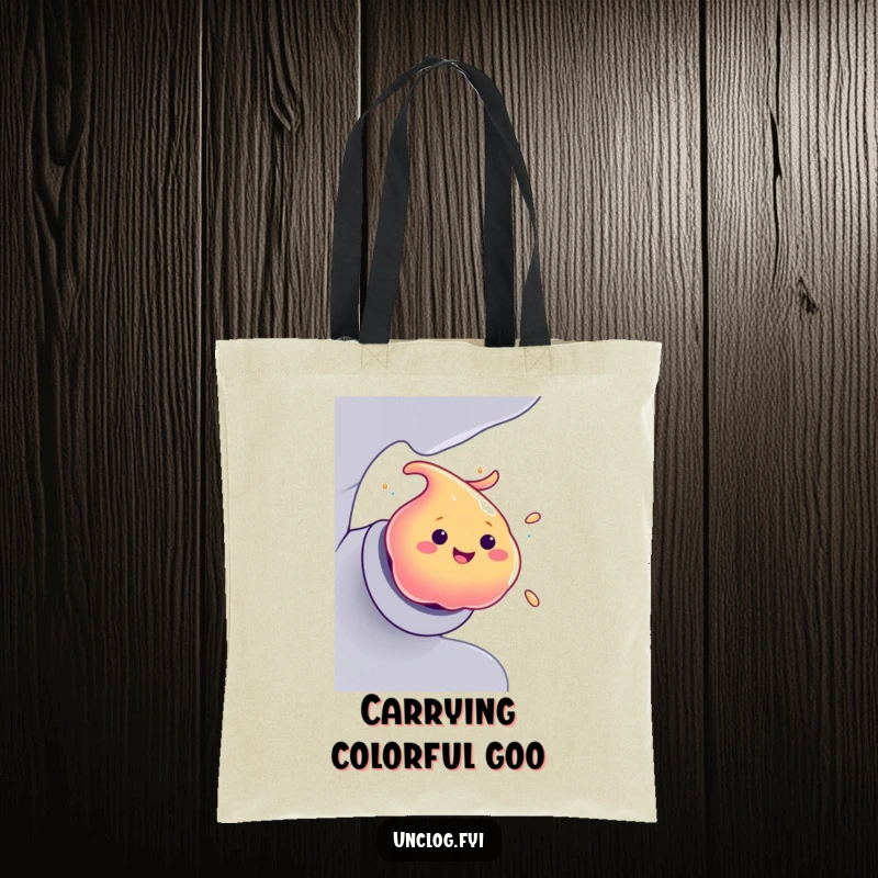 Funny Tote Bag with a smiling blob of colorful goo making a swift, humorous exit from a pipe.