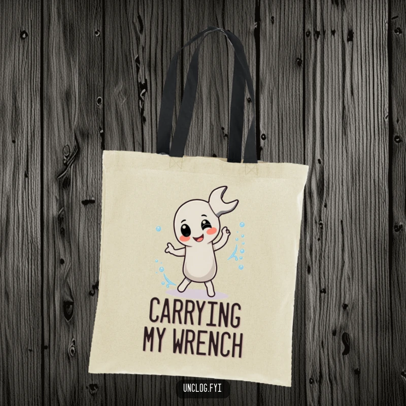 Funny Tote Bag featuring a pipe wrench character playfully dancing with a bubbly stream, ideal for humorous carrying.