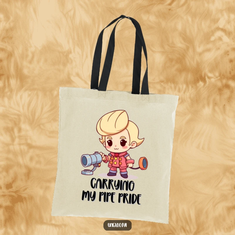 Funny tote bag depicting a proud character and a shiny new pipe, symbolizing plumbing success and humor.