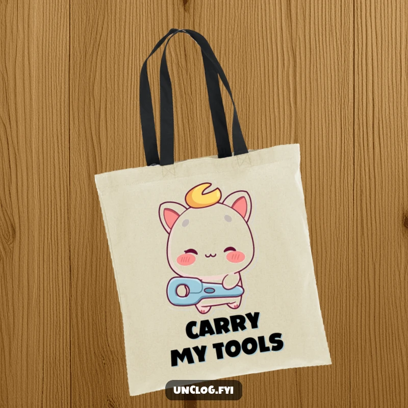 Funny repair guy tote bag with a winking character offering a tool, ideal for carrying repair supplies.