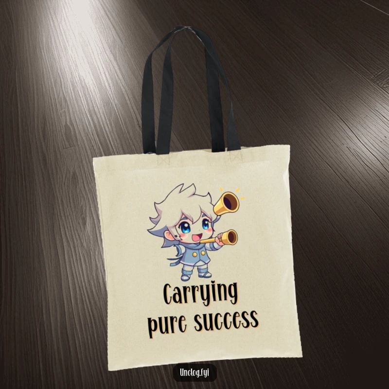 Funny tote bag showing a character triumphantly holding a shiny, unclogged pipe. Great for carrying essentials and celebrating plumbing wins.