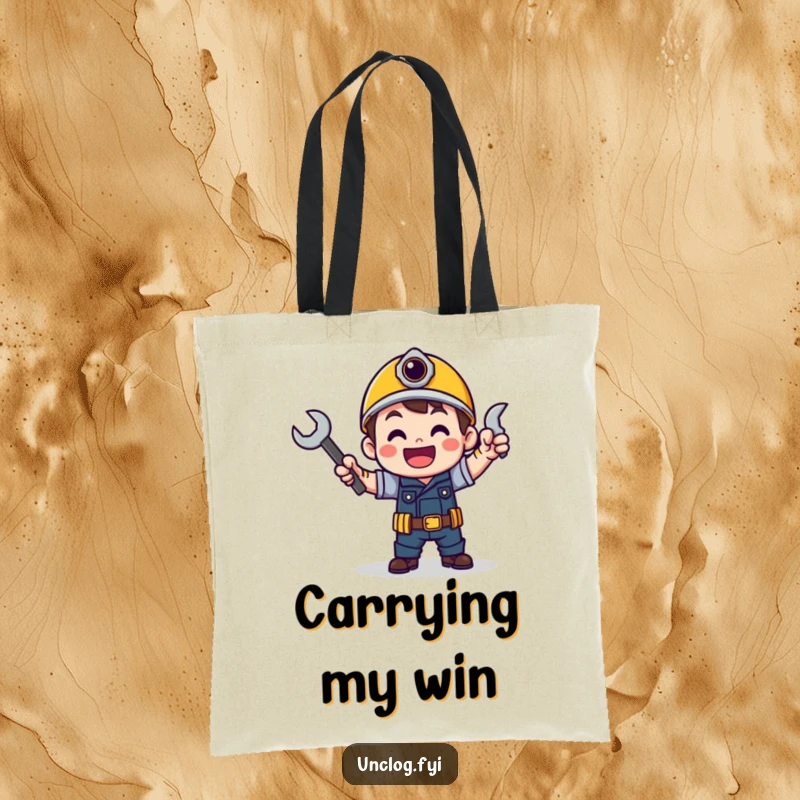 Funny tote bag depicting a character celebrating with a wrench in a victory dance, symbolizing success.