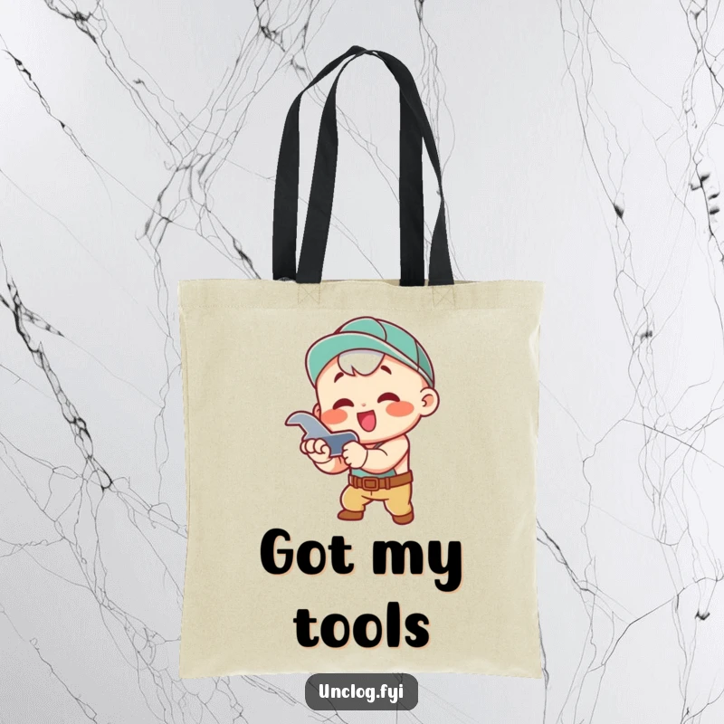 Funny Tote Bag featuring a kawaii character enthusiastically tightening a pipe with a wrench, a cute and humorous accessory.