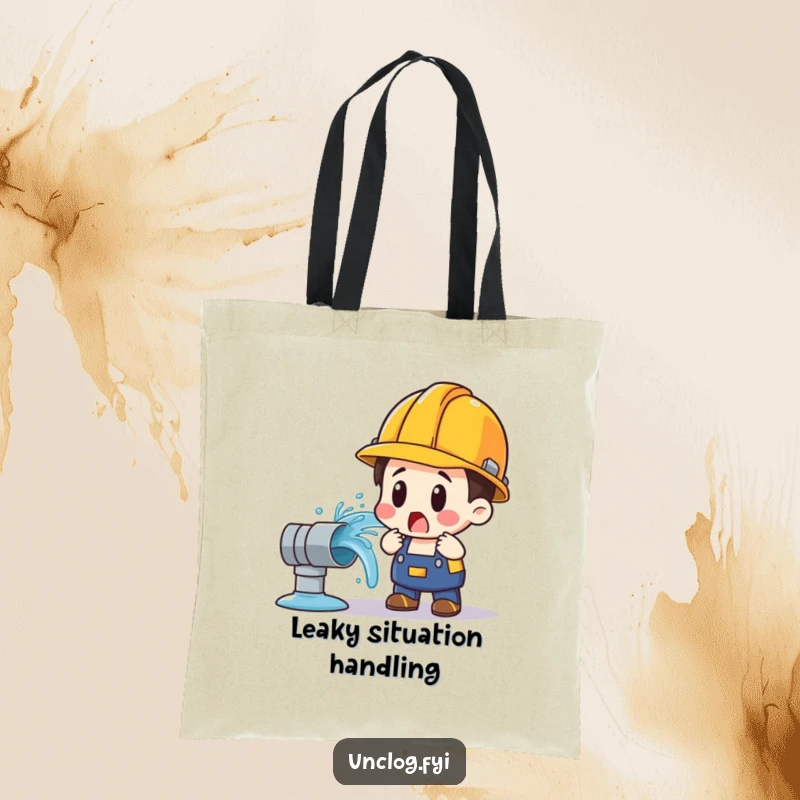 Funny tote bag featuring a surprised character in a hard hat witnessing a water pipe gushing unexpectedly.