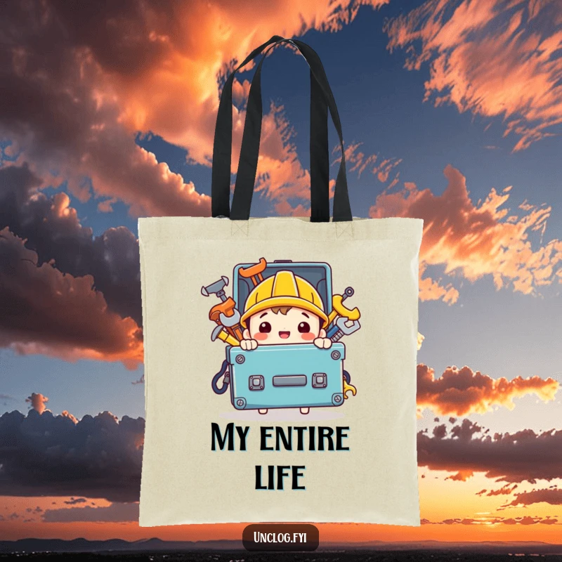 Funny tote bag with a happy character carrying a toolbox overflowing with shiny tools, perfect for DIY projects or errands.