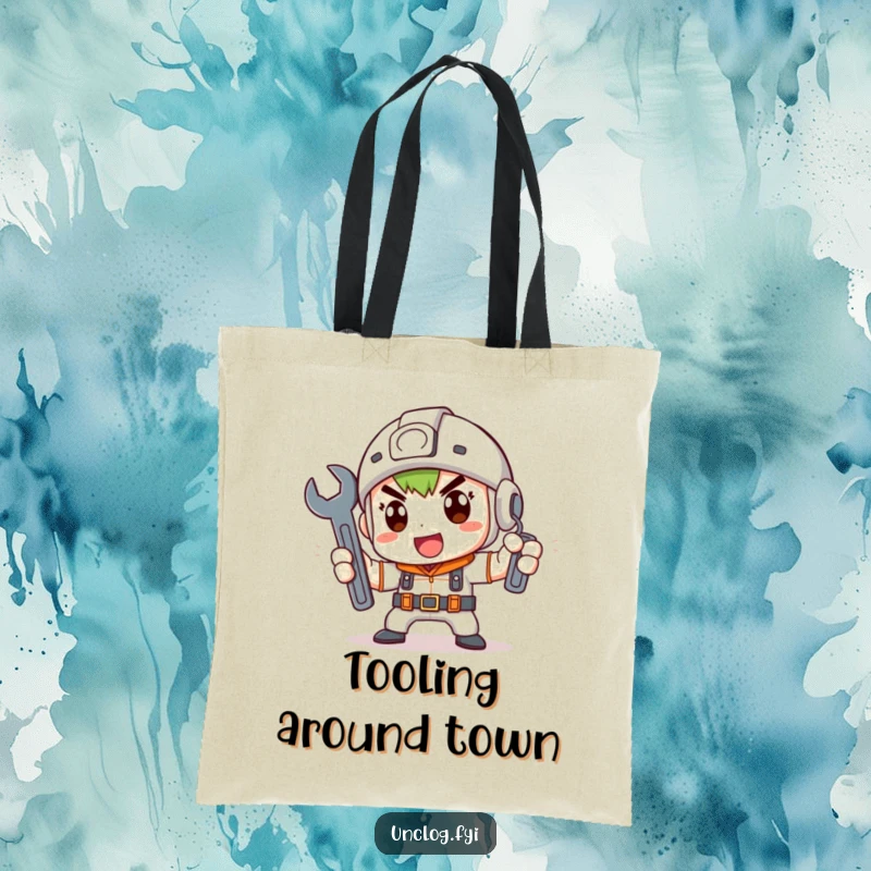 Funny Tote Bag showing a cute character determinedly holding a wrench, perfect for a funny gift.
